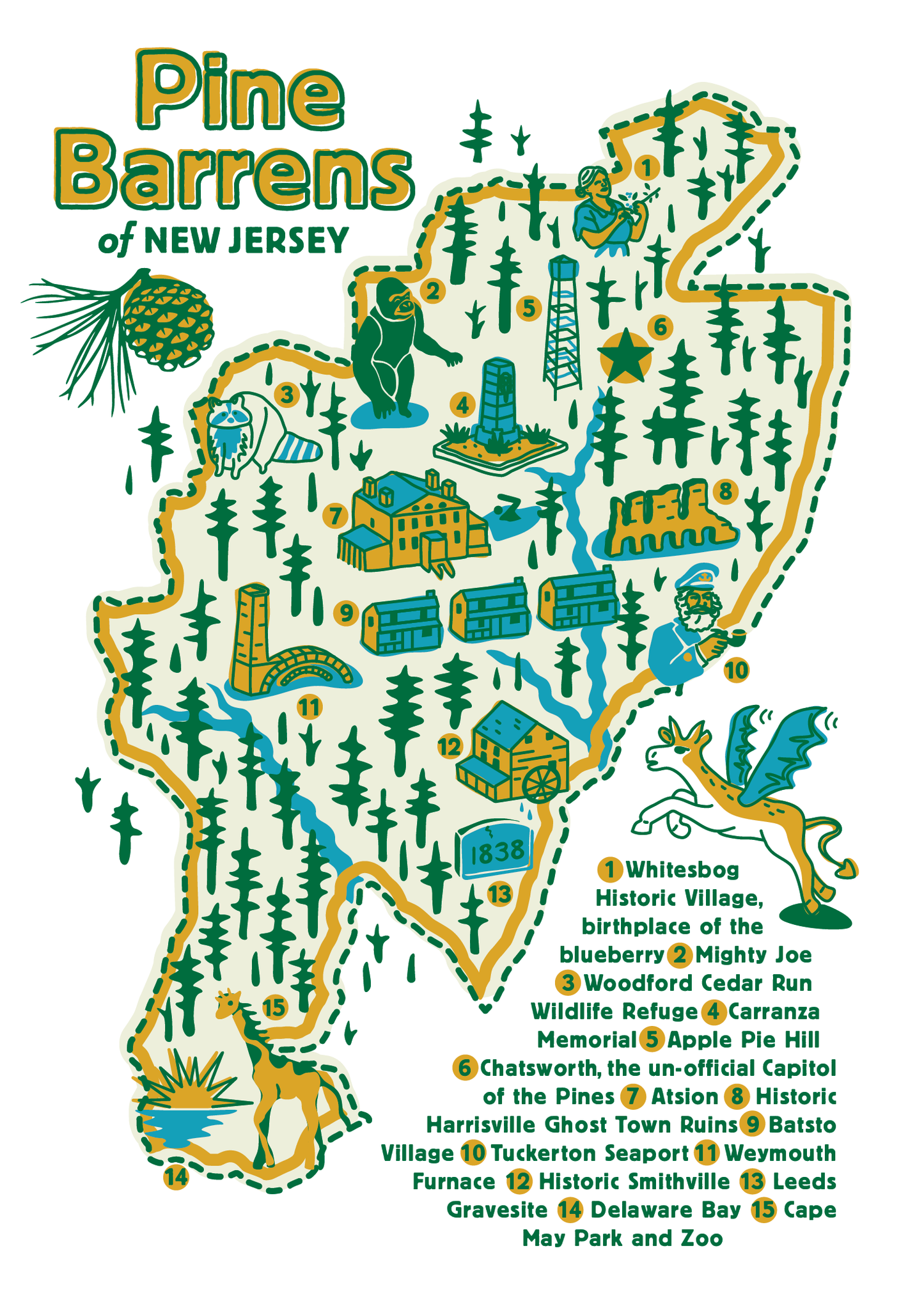 Postcard featuring New Jersey Pine Barrens Map