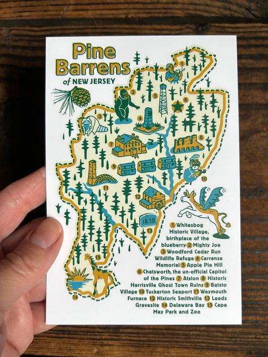 Postcard featuring New Jersey Pine Barrens Map