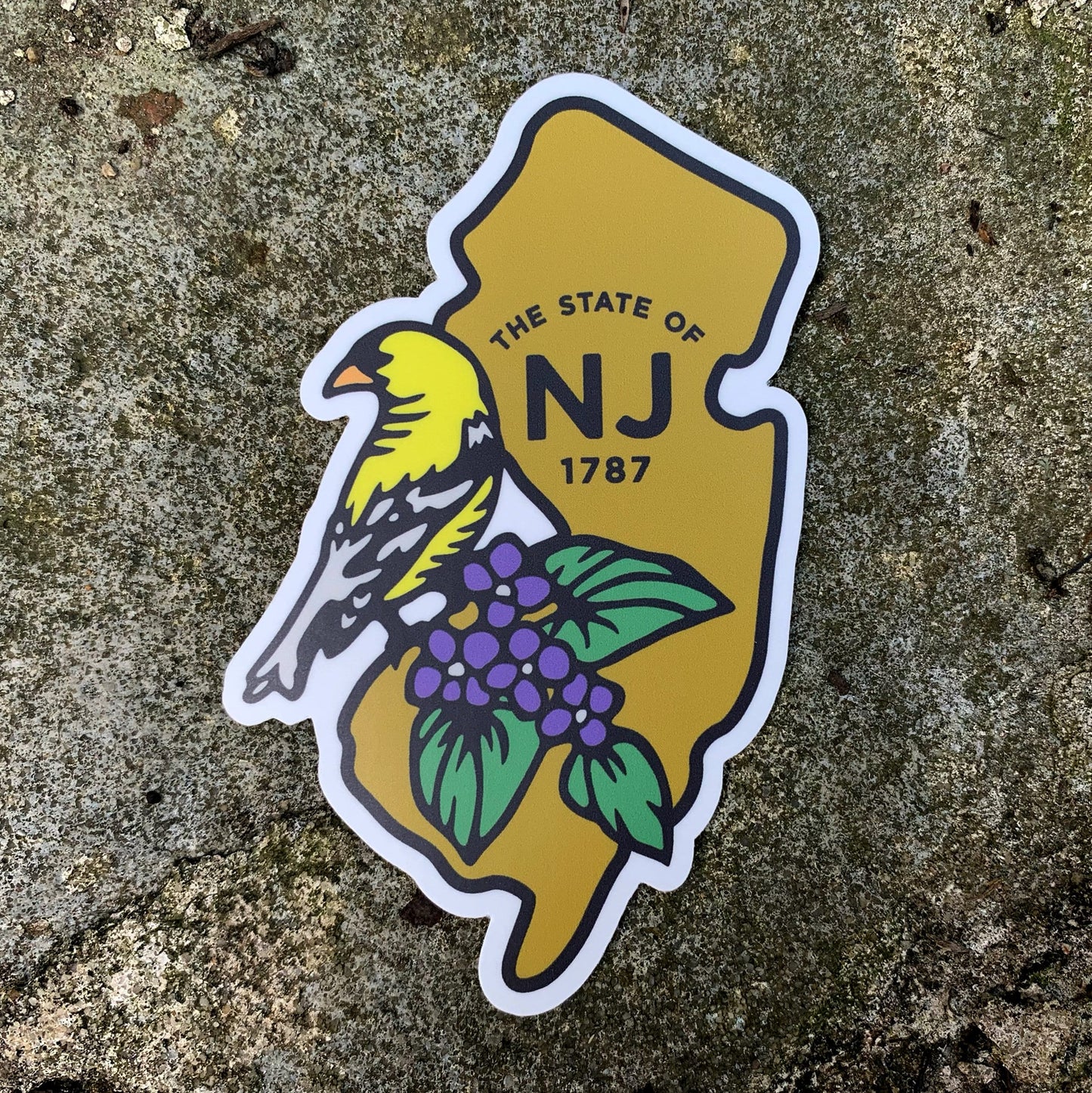 NJ New Jersey State with Bird and Flower Vinyl Decal