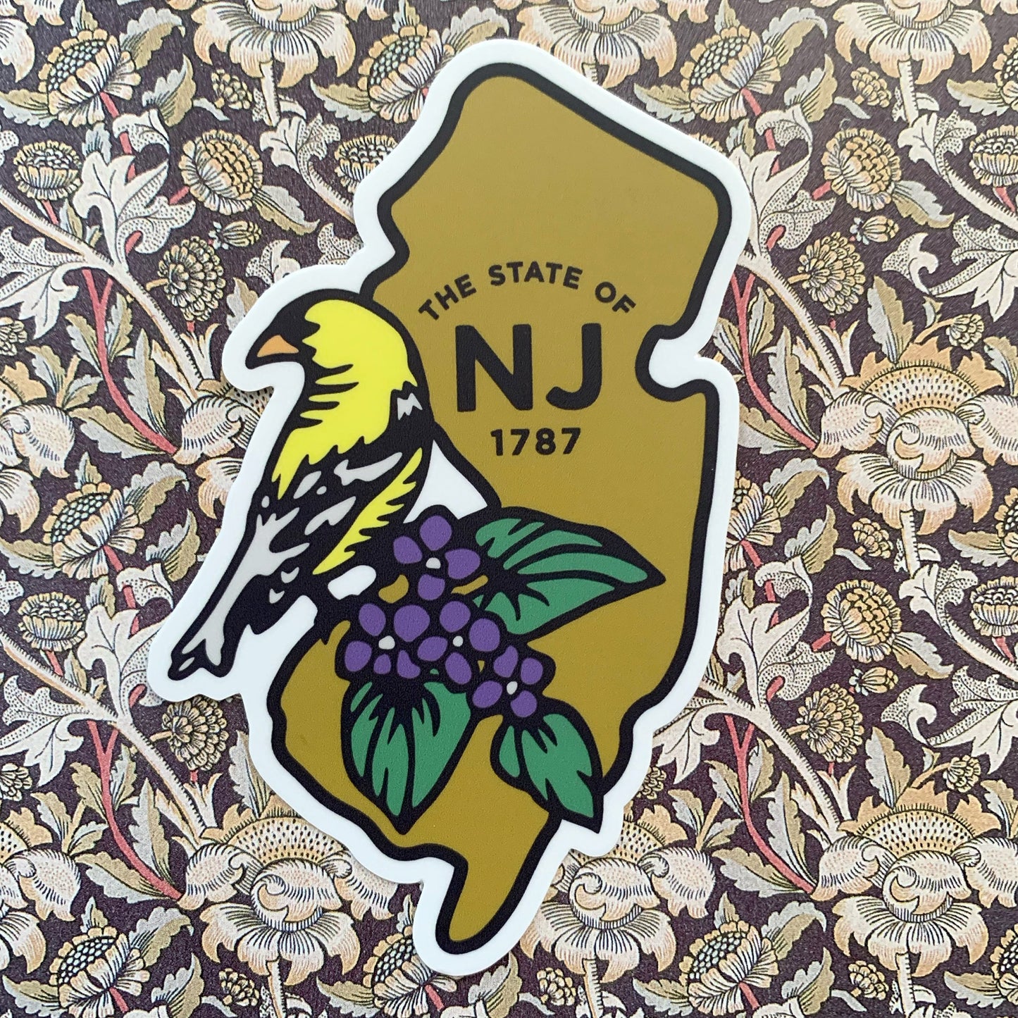 NJ New Jersey State with Bird and Flower Vinyl Decal