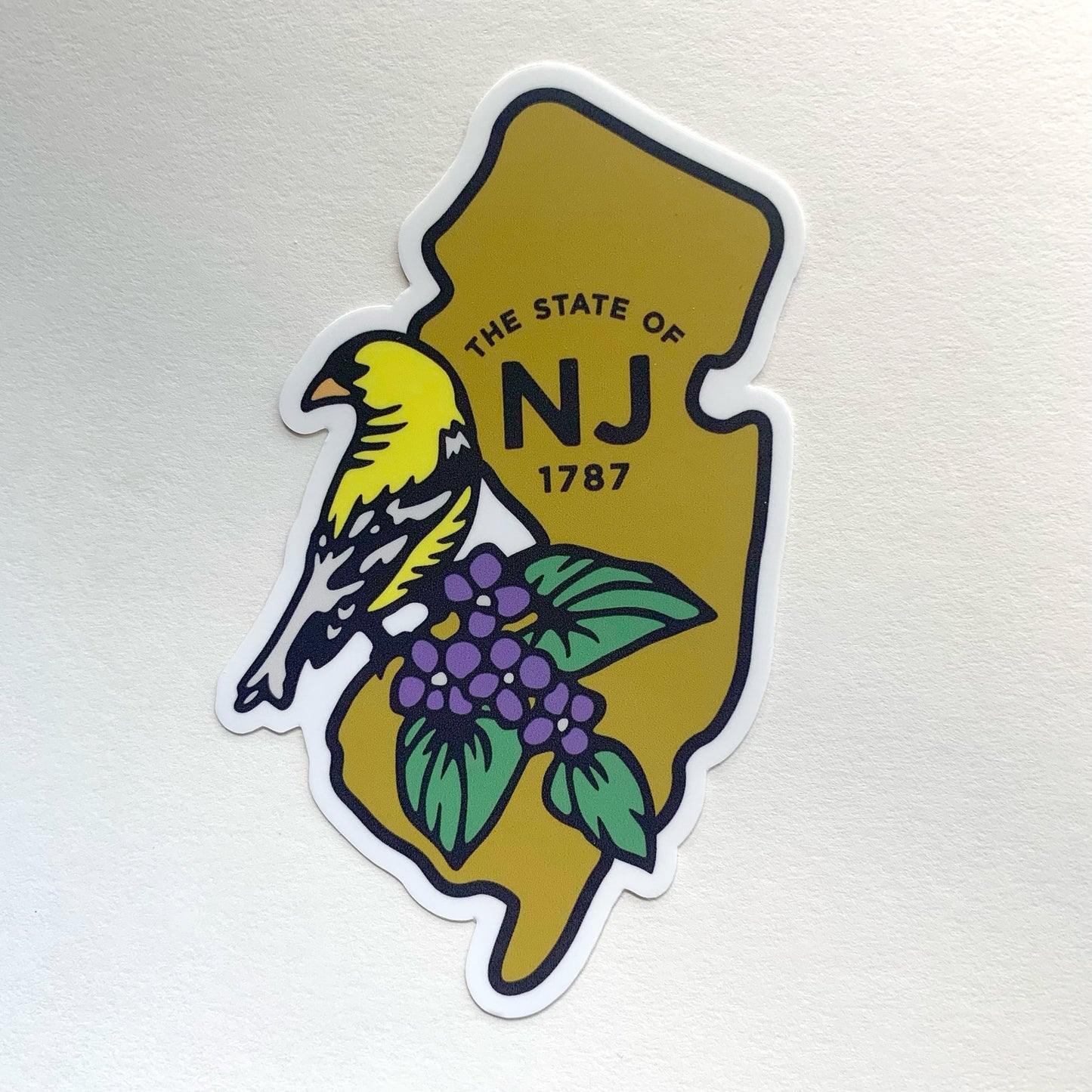 NJ New Jersey State with Bird and Flower Vinyl Decal