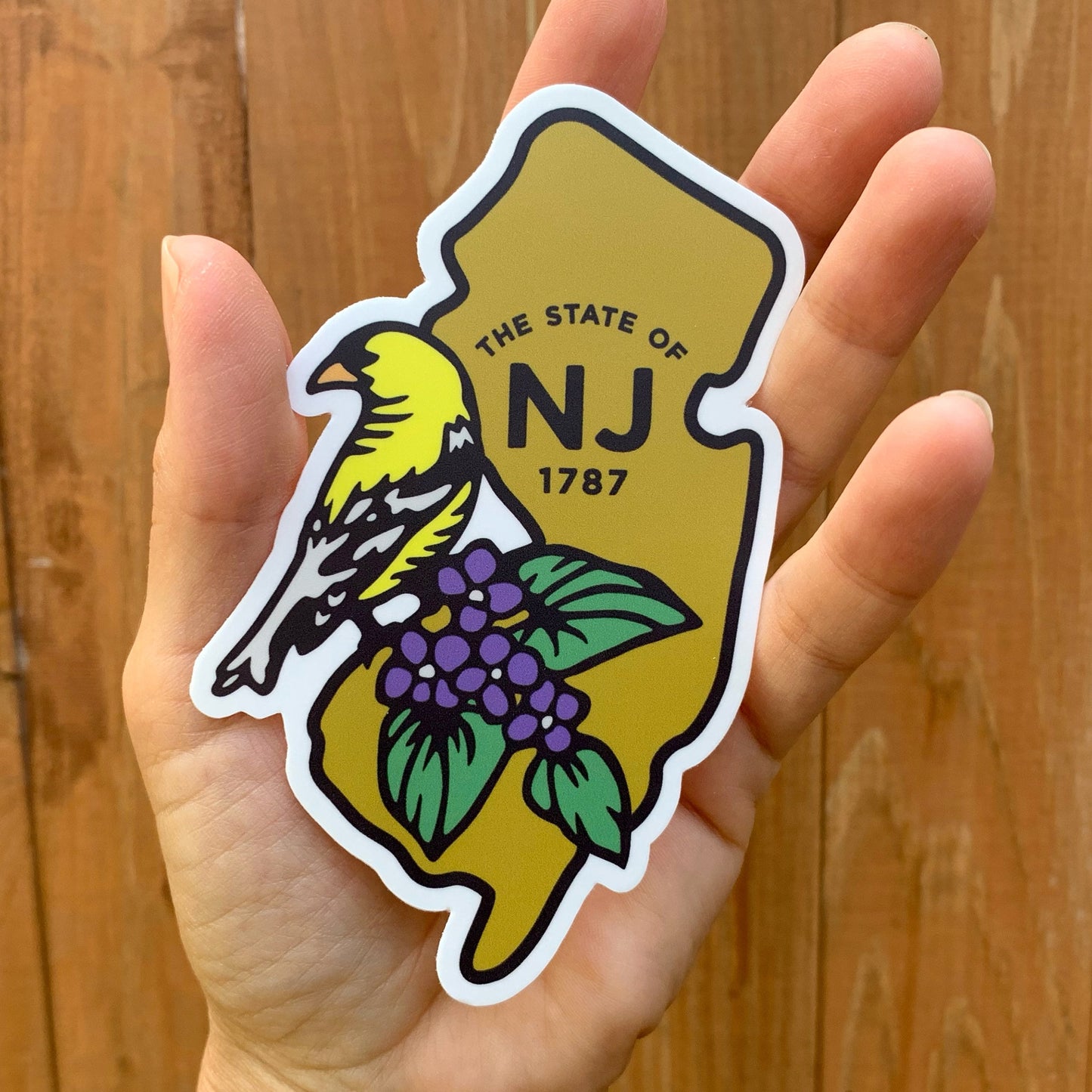 NJ New Jersey State with Bird and Flower Vinyl Decal