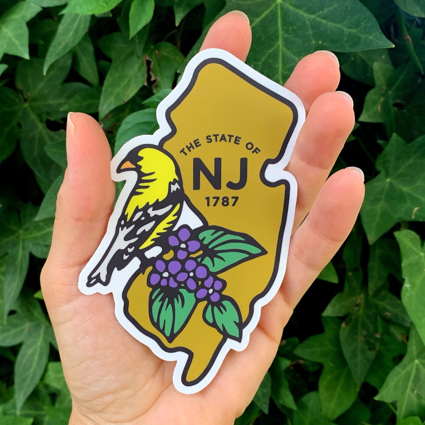 NJ New Jersey State with Bird and Flower Vinyl Decal